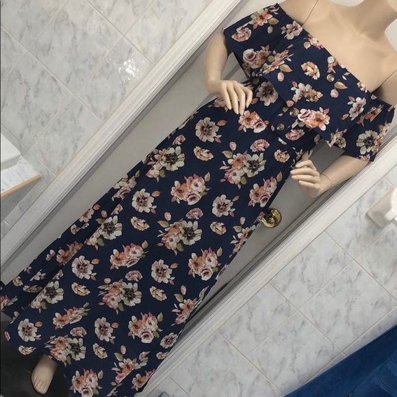 NAVY FLORAL OFF SHOULDER MAXI DRESS - Picture 4 of 8